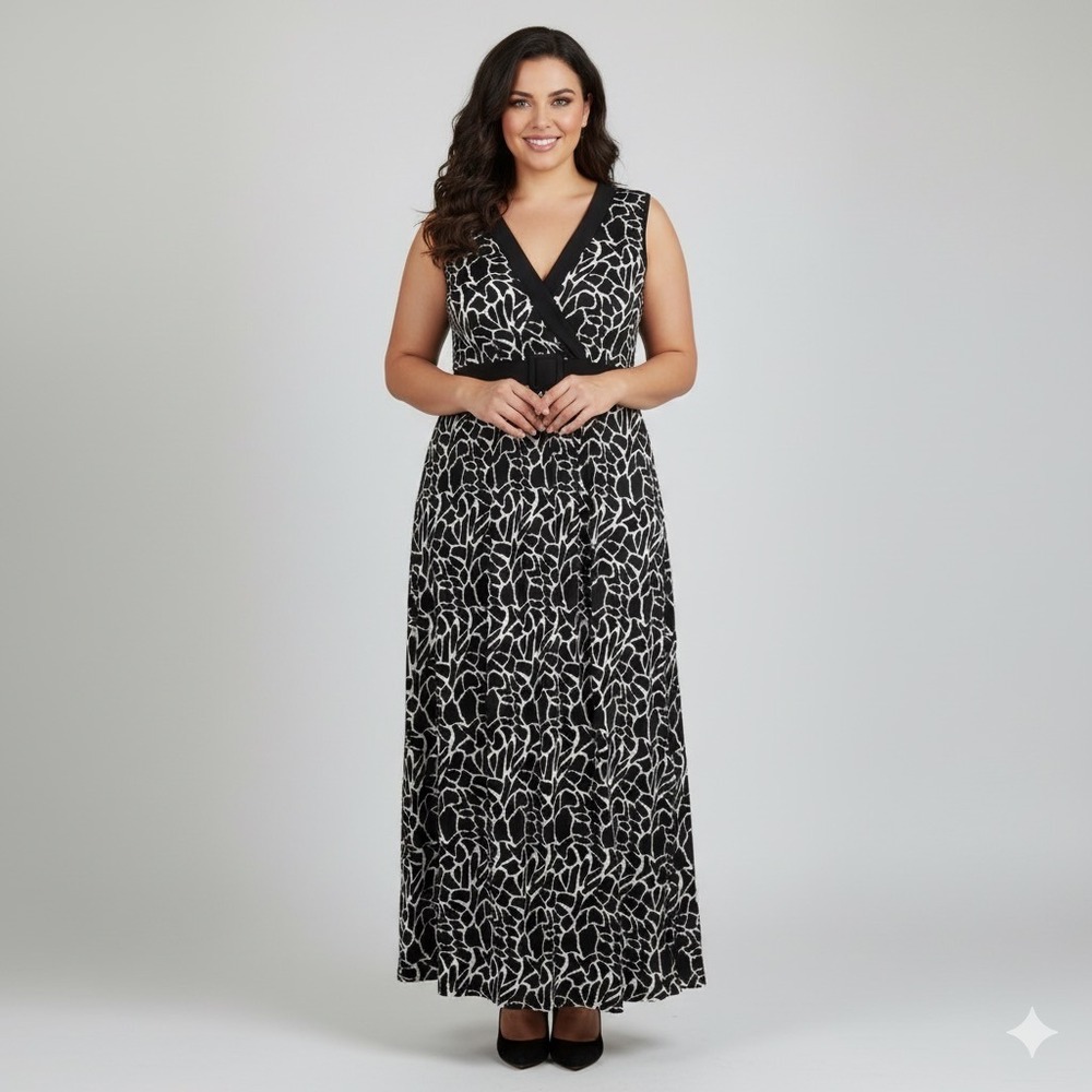 Susan Lawrence Maxi Dress Women Plus 2X Black White Print Sleeveless Stretch LBD
